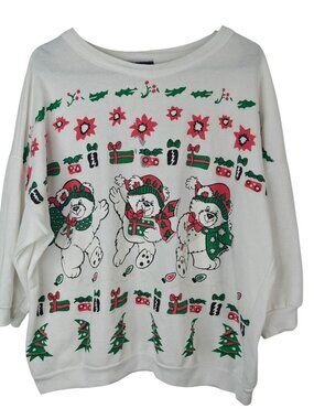 Vintage Women's Christmas Sweatshirt XXL White 3/4 Sleeves Bears Presents